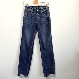 American Eagle Jeans Womens 2 Curvy Straight Blue Distressed Hem 27x32‎ Stretch